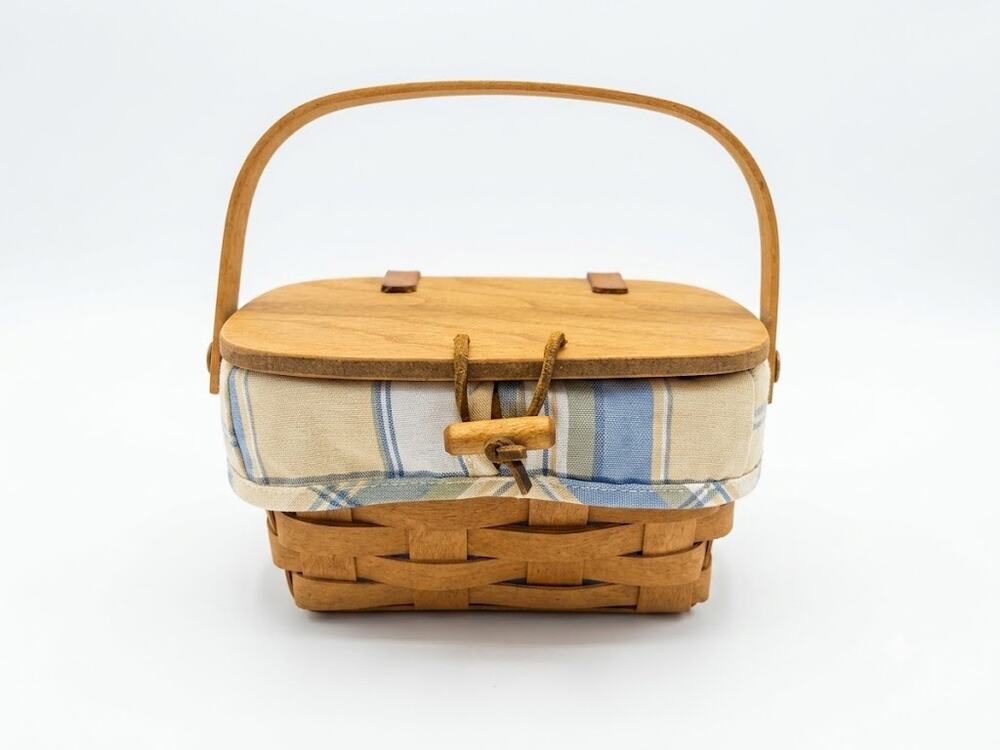 Vintage 1994 Longaberger Basket w/ Wooden Lid and Cornflower Plaid Fabric Liner